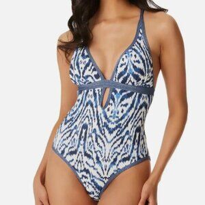 NWT! Jessica Simpson Indigo Ikat Crossback Plunge One Piece Swimsuit NEW!